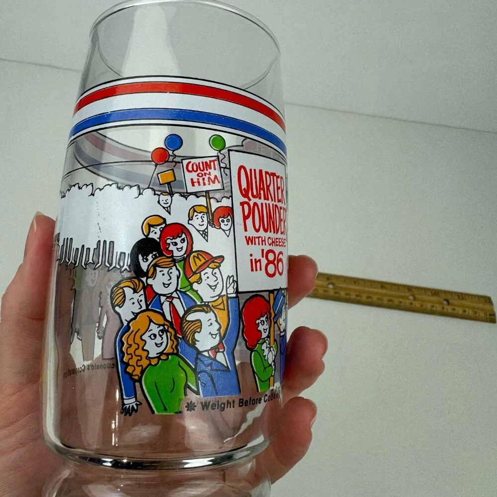 Vtg 1986 McDonalds Mc Vote Clear Drinking Glass‎ Thin Cheese Burger Collectible